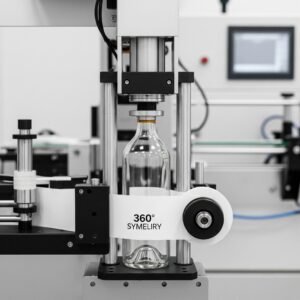 Sistema de etiquetado 360 grados envolvente Labintech aplicando etiqueta completa alrededor de envase cilíndrico