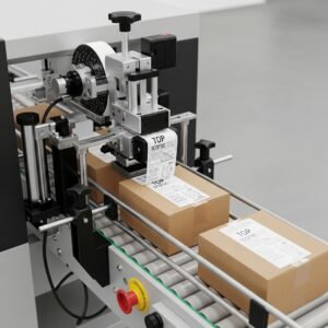 Etiquetadora superior automática Labintech aplicando etiquetas en la parte superior de envases