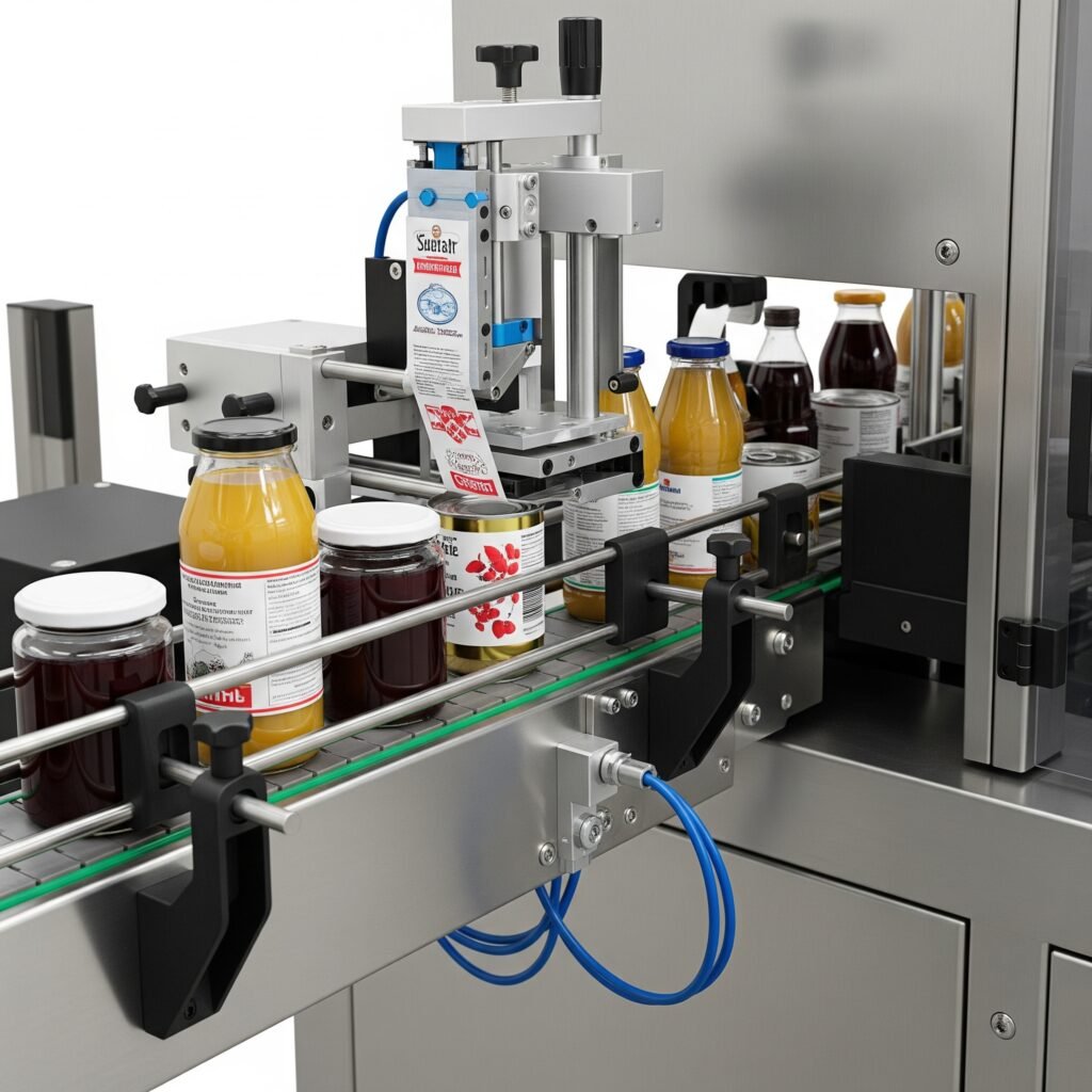 Tarros de conservas alimentarias siendo etiquetados con máquina Labintech en línea de producción industrial