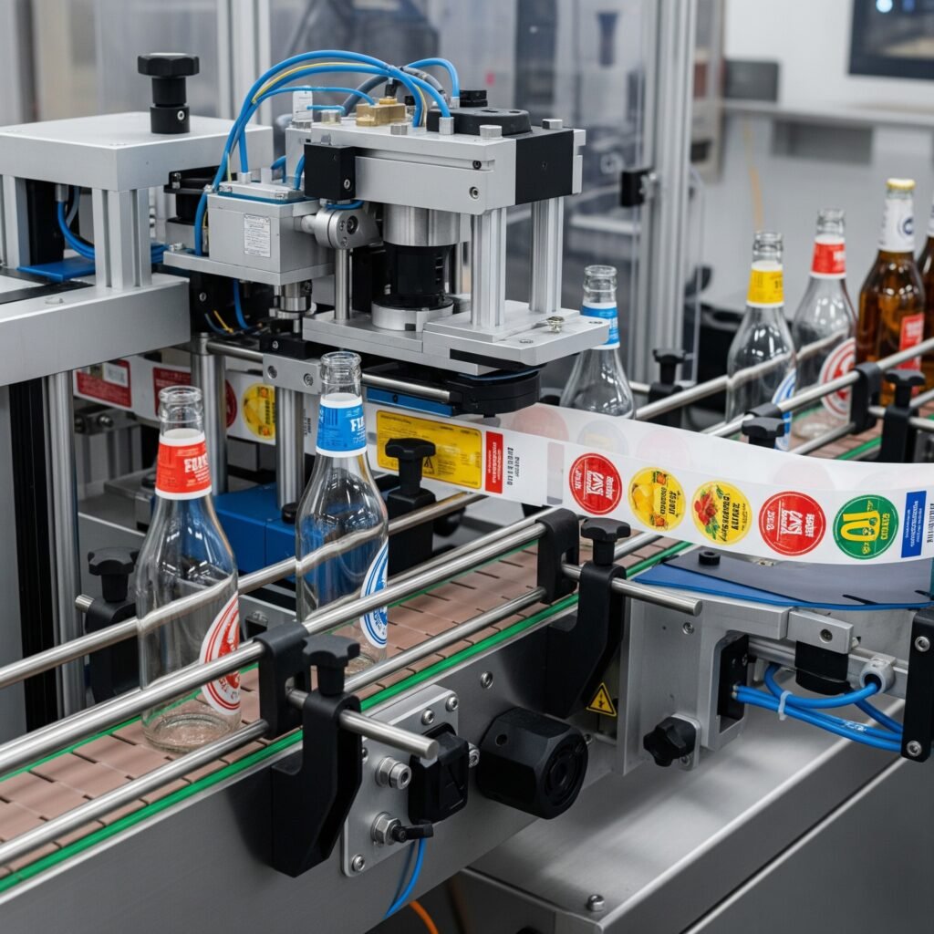 Botellas y tarros de bebidas en proceso de etiquetado automático con equipos Labintech