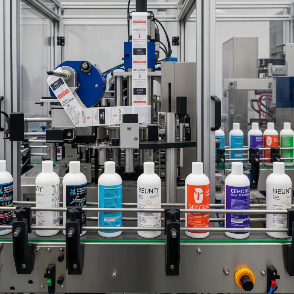 Envases cosméticos de diferentes tamaños siendo etiquetados con precisión mediante sistema Labintech