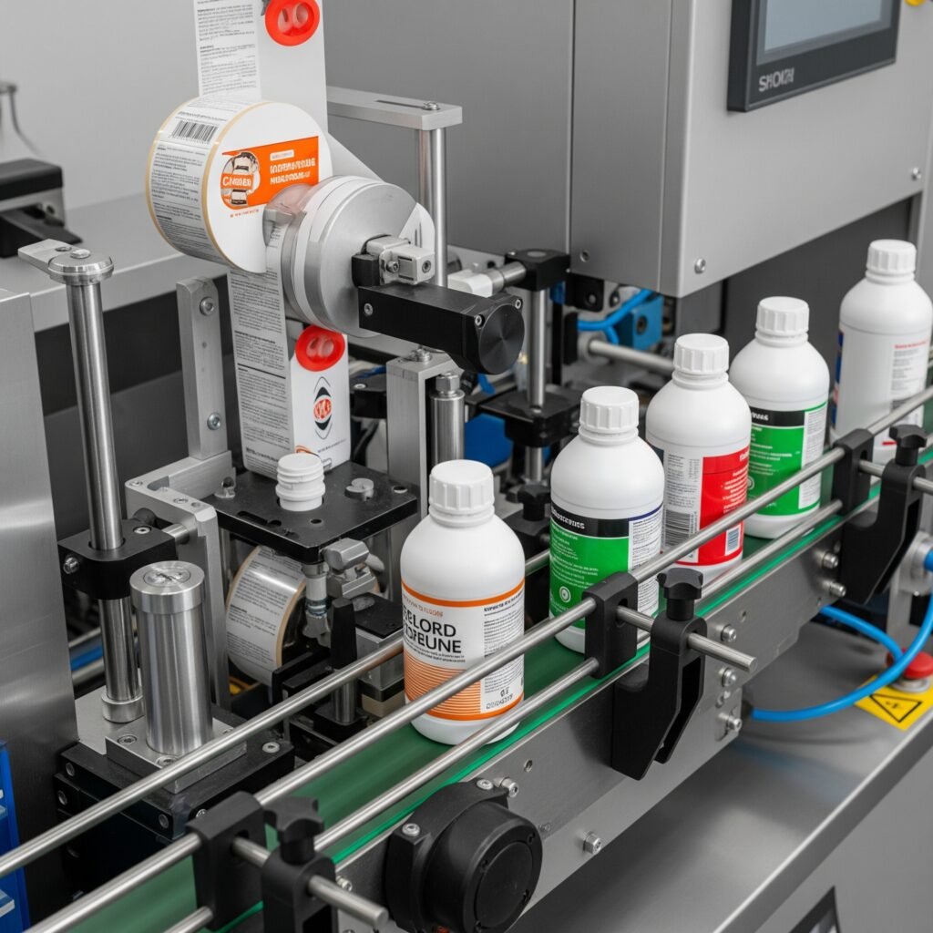 Productos químicos industriales recibiendo etiquetas de seguridad mediante etiquetadora automática Labintech