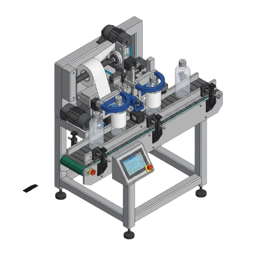Máquina etiquetadora 360° envolvente total aplicando etiquetas en botellas cilíndricas mediante giro sincronizado