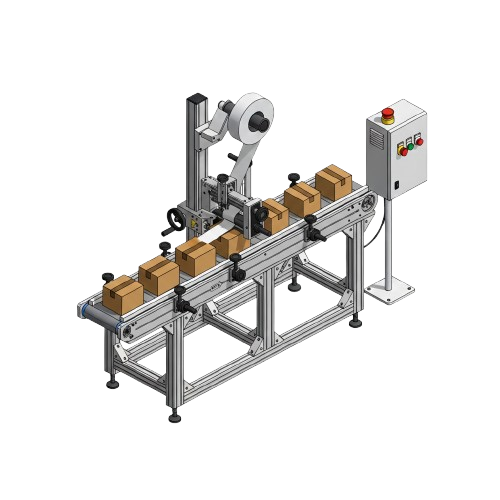 Máquina etiquetadora superior aplicando etiquetas en la parte superior de cajas sobre cinta transportadora